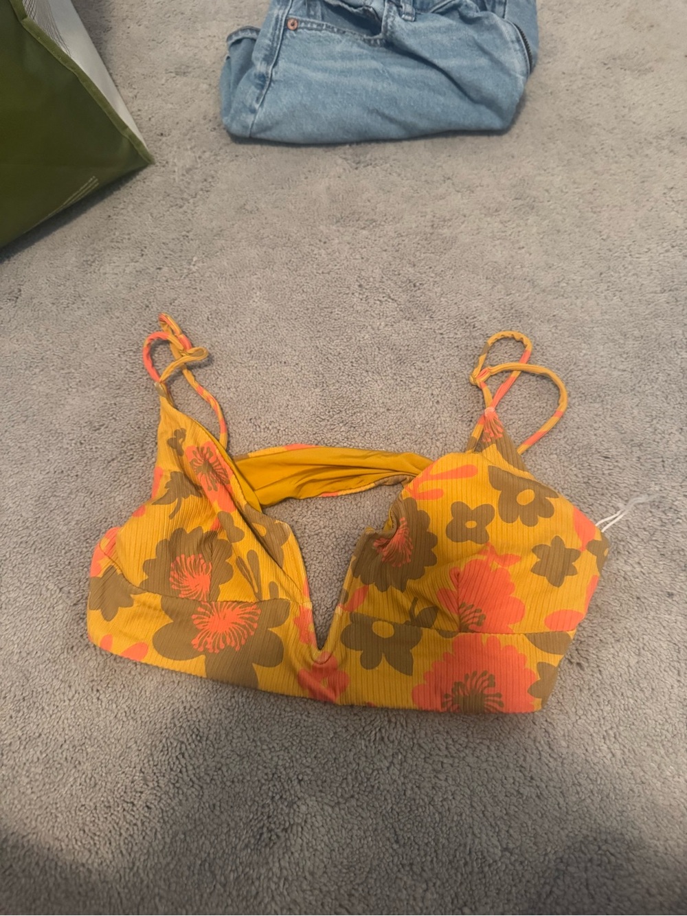 RVCA Yellow Floral Bikini Top with Orange and Brown Flowers